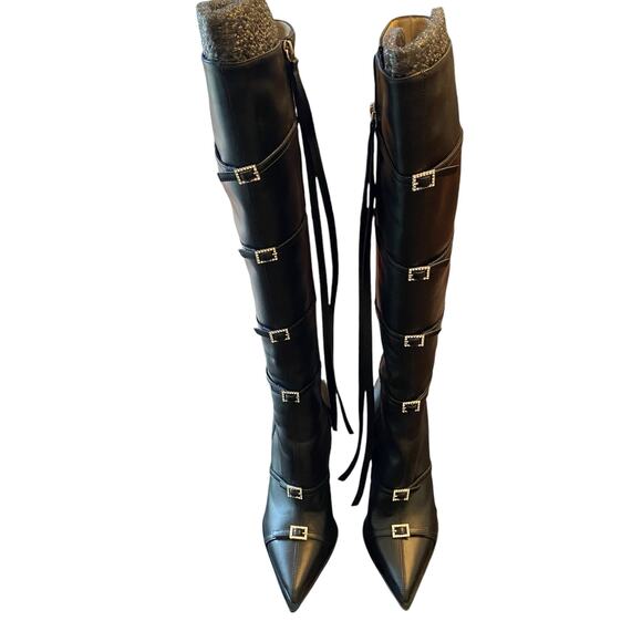 God Save Queens Rendezvous Embellished Boots Knee High Pointed Toe Black Sz EU39 - Picture 7 of 16